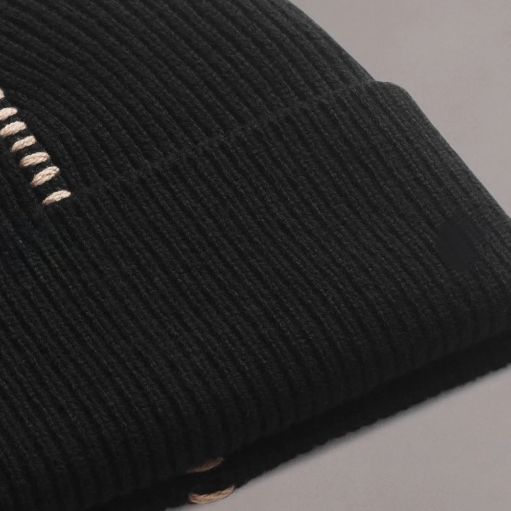 Rag & Bone Clarkson Black Wool Knit Beanie Hat with Stitching Detail Unisex NWT